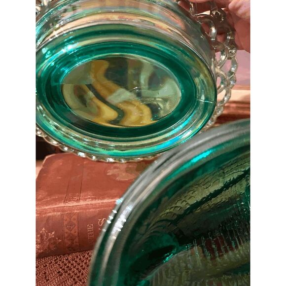 Large Teal Carnival Glass Turkey on Nest Dish – Lace Edge Trinket Box – Mosser G - Picture 2 of 7